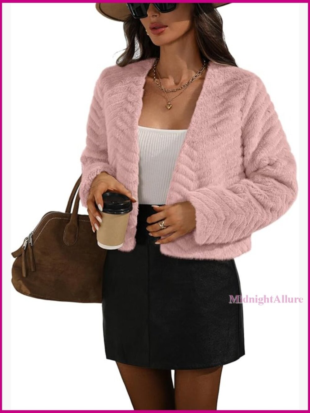 Faux Fur Cropped Jacket Oversize Open Front Long Sleeve with Pockets - Picture 1 of 7